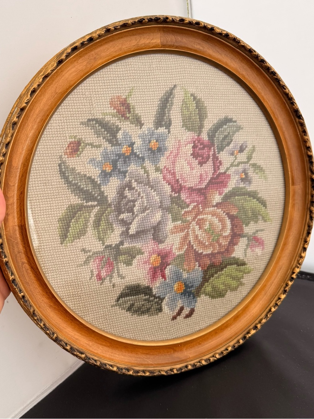 Vintage Framed Floral Needlepoint Round Wood Frame Cottage Decor 14”